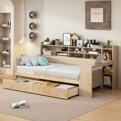 Wooden Full Size Bed Frame With Storage Shelves And 2 Storage Drawers,Multi-functional Bed With AStudy Desk -Maison Boucle
