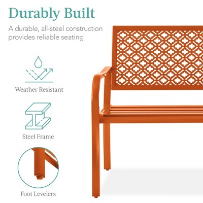 Carrot Orange Steel Geometric Pattern Outdoor Bench with Arms