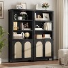 70" Farmhouse Bookshelf with Rattan Doors, 3-Tier Open Shelves & Cabinet, Black Wood Bookcase for Living Room, Office & Bedroom - 4 of 4