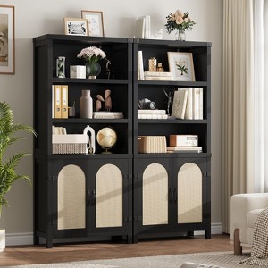 70" Tall Farmhouse Bookshelf with Rattan Doors, 3-Tier Open Bookcase with Adjustable Shelves, Floor Standing Storage Cabinet - 1 of 4