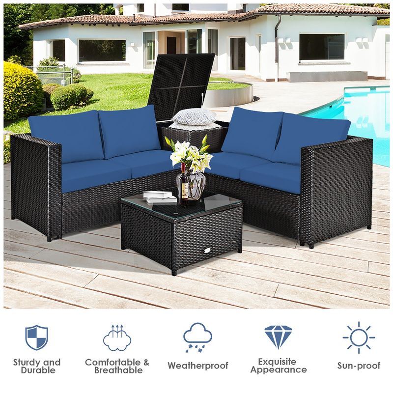 Costway 4PCS Patio Rattan Furniture Set Cushioned Loveseat Storage Table Navy, 5 of 11