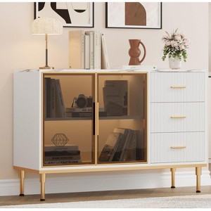 46.4 in Large Fluted Kitchen Sideboard Cabinet with 2 Glass Doors 3 Drawers and Shelves, Faux Marble Top Buffet Table for Dining Room - 1 of 4