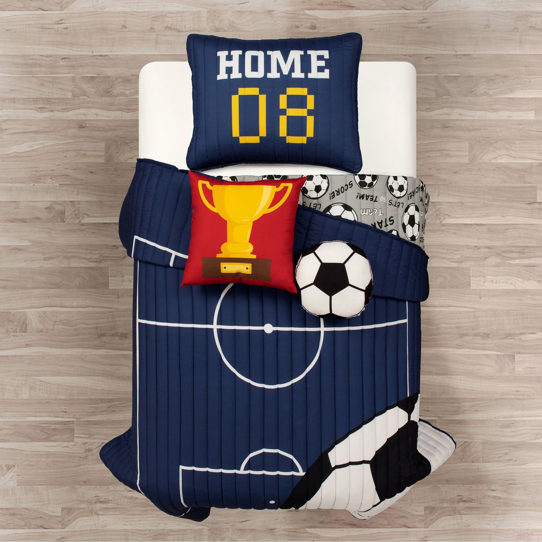 Lush Décor 4pc Soccer Game Reversible Oversized Kids' Quilt Set Navy Blue/Gray