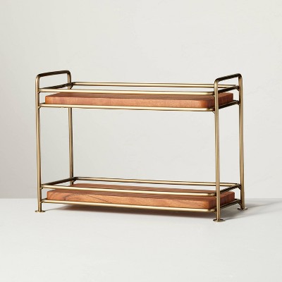 Tiered Wood & Brass Rectangular Serving Stand - Hearth & Hand™ with Magnolia: Elegant Farmhouse Style Display