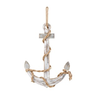 39"x28" Wood Anchor Handmade Wall Decor with Rope and Shell Accents Brown - Olivia & May: Vertical Pine Carving, Coastal Style - 1 of 4