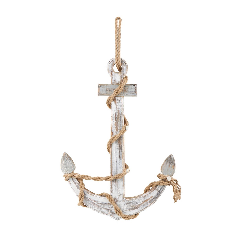 Photos - Wallpaper 39"x28" Wood Anchor Handmade Wall Decor with Rope and Shell Accents Brown