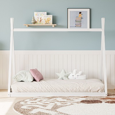 Okak Montessori House Floor Bed Twin/Full Size,Solid Wood Bed Frame with Safety Rails & Headboard, Low-Profile Kids Bed,Slat Not Required