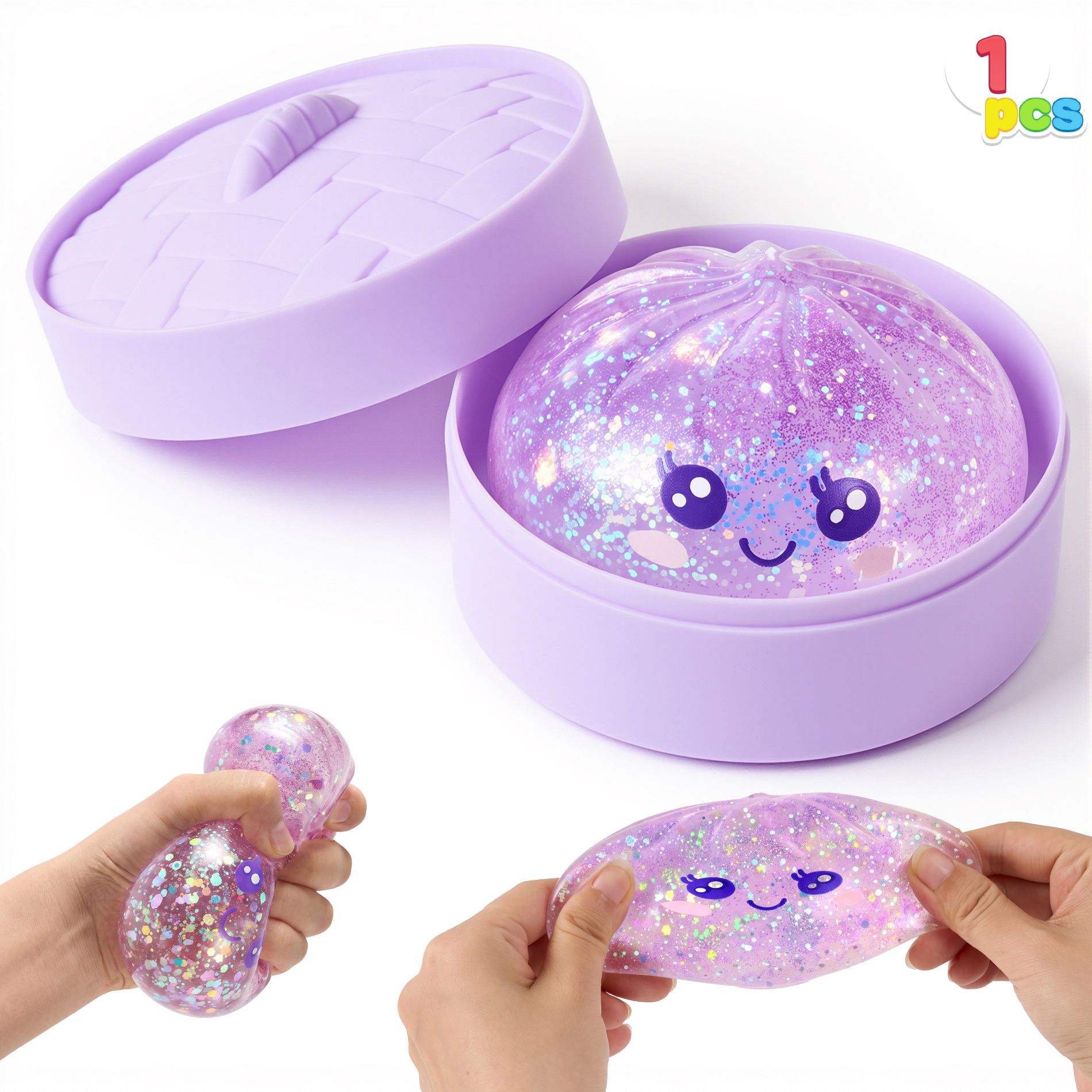 JoyfyPurple Glitter Dumpling Squishy,Stress Relief Toy,Quick Rising Fidget Sensory Toys, Soft Squeeze Toy for Adults Kids,Birthday Gifts, Party Favors