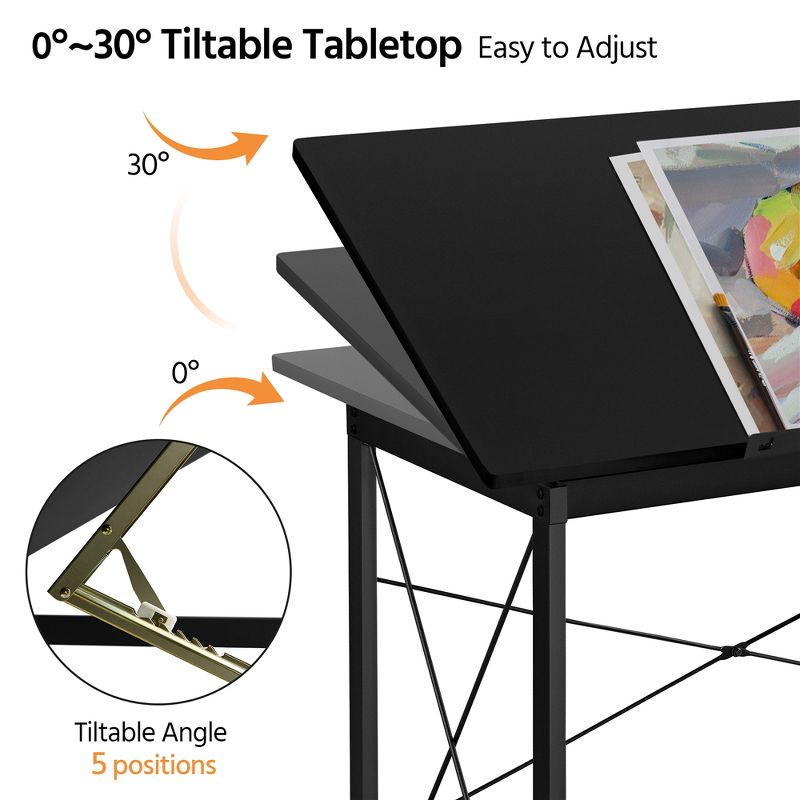 Yaheetech Adjustable Drafting Table For Artists Tilting Tabletop Basic Drawing Desk With Adjustable Tabletop & Pencil Ledge Black, 5 of 10