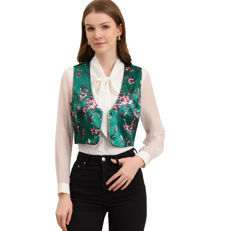 Allegra K Women's Floral Pattern Button Closure Satin Waistcoat Vest, 1 of 6