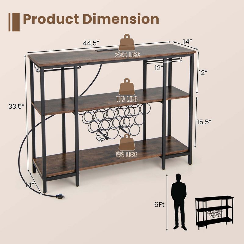 Costway Wine Cabinet Bar Table Rack Table for Drinks Glasses with Power Outlets Brown/Grey, 3 of 11