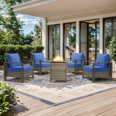 Buenhomino Outdoor Wicker Patio Furniture Set with Fire Pit Table, 5 Pieces Patio Conversation Sets with 4 Outdoor Patio Chairs and 1 Fire Pit Table