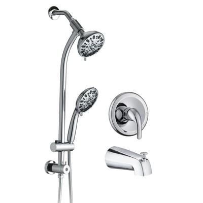 ALEXOUN Drill-Free Stainless Steel Slide Bar Combo Rain Showerhead 7-Setting Hand, (Rough-in Valve Included)