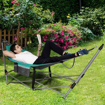 Turquoise Folding Hammock with Iron Stand and Side Pocket