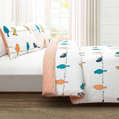 King Size Multicolor Cotton Reversible Bird Duvet Cover Set