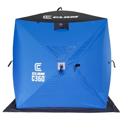 CLAM 14474 C-360 2 to 3 Person 6 Foot Lightweight Portable Pop Up Ice Fishing Angler Hub Shelter Tent with Anchors, Tie Ropes, and Carrying Bag