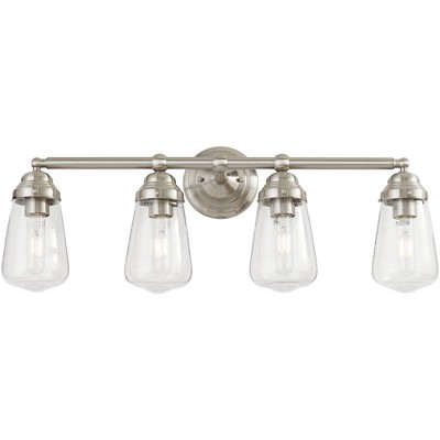 Possini Euro Design Vintage Industrial Wall Light Brushed Nickel Hardwired 28" Wide 4-Light Fixture Seedy Glass for Vanity Mirror