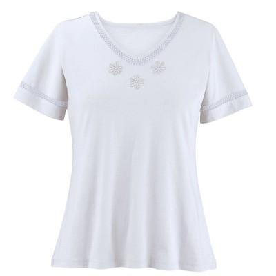 Collections Etc Flattering V-Neck Lace Trim Short Sleeve Top