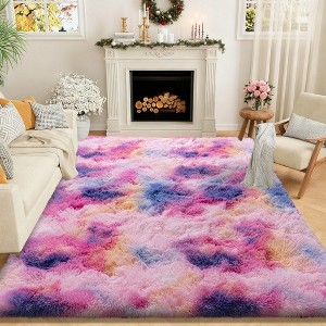 Extra Large Plush Shag Area Rug, 1.7" Thick Ultra Soft Non-Slip Tie-Dye Peacock Blue Mat - 1 of 4