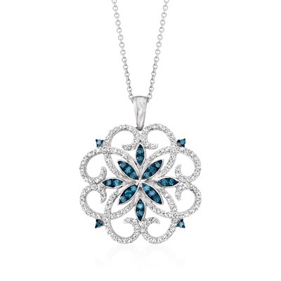 Ross-Simons 0.76 ct. t.w. Blue and White Diamond Scrolling Medallion Pendant Necklace in Sterling Silver