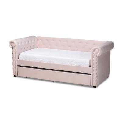 Twin Mabelle Velvet Daybed with Trundle Pink - Baxton Studio: Elegant Sofa Bed, Roll-Out Guest Accommodation, Foam Padded