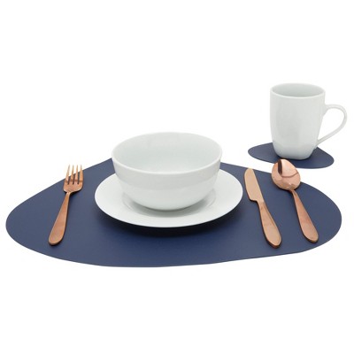 Navy Blue Faux Leather Placemats with Coasters, Set of 8