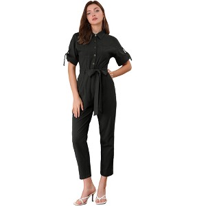 Allegra K Women's Short Sleeve Collared Solid Color Button Down Tie Waist Cargo Jumpsuit - 1 of 4