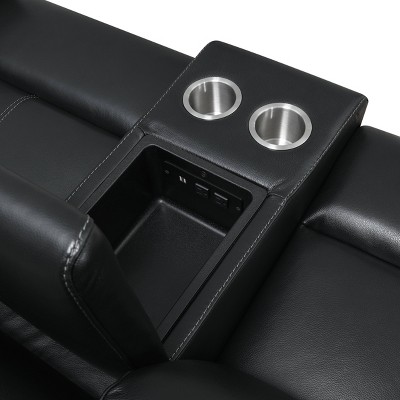 Black Faux Leather Power Reclining Loveseat with Storage and Cup Holder