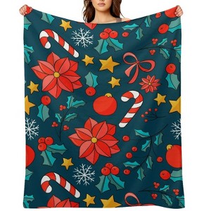 FIONECA Festive Christmas Blanket with Poinsettia Candy Cane Holly and Ornament Design Dark Teal Background 50x60 inches - 1 of 1