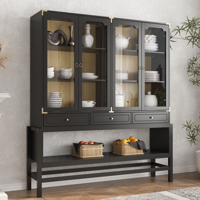 Famapy Kitchen Pantry Cabinet with Glass Doors, Adjustable Shelves & Gold Accents: Perfect for Dishware, Tableware & Kitchen Decor Display