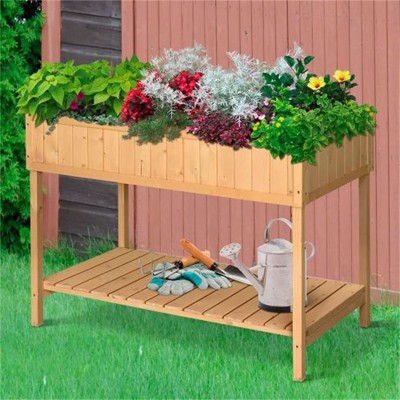 YONWAY 43x18x30in Raised Garden Bed with 8 Pockets and Shelf, Wooden Elevated Planter Box with Legs to Grow Herbs, Vegetables, and Flowers, Natural