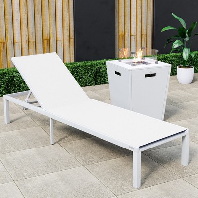 LeisureMod Marlin Modern Outdoor Patio Chaise Lounge Chair in White Aluminum Frame with Square Fire Pit Side Table