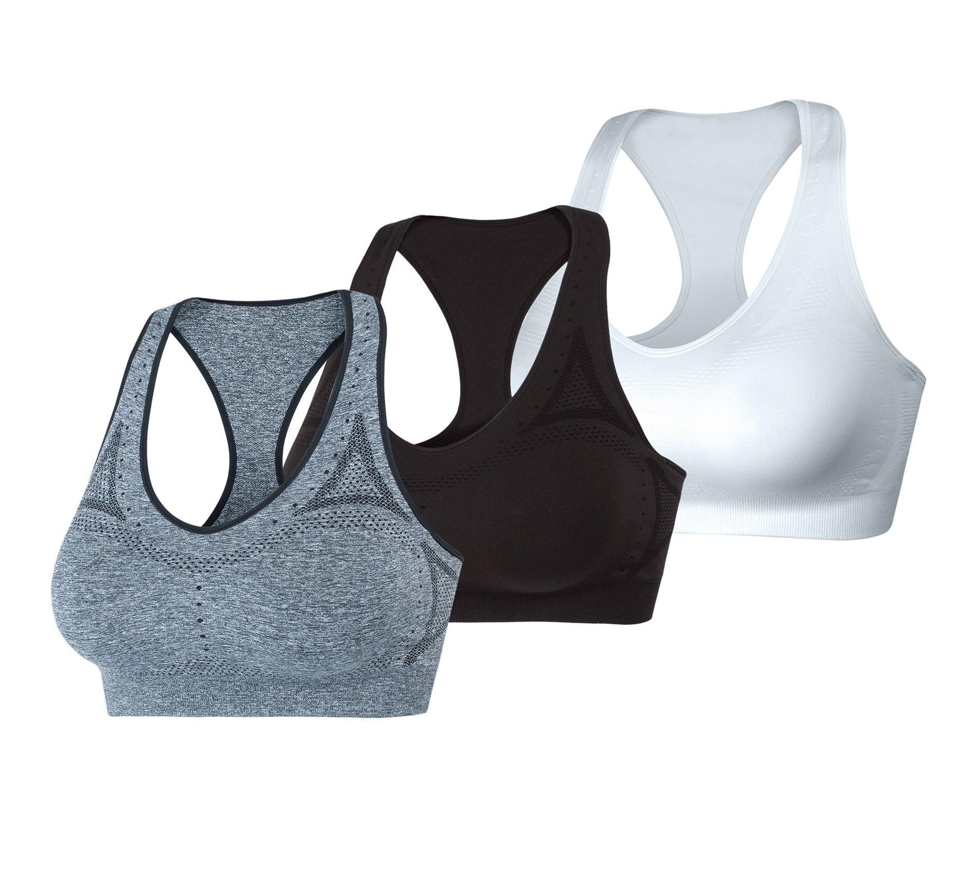 Hanes Sport Women's Seamless Racerback Sports Bra, 3-Pack Black/White/Grey 2XL