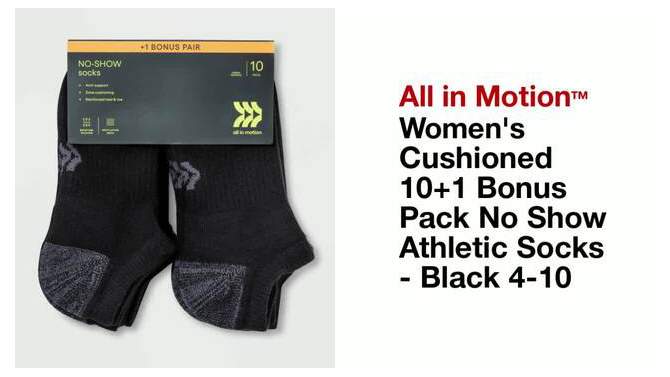Women&#39;s Cushioned 10+1 Bonus Pack No Show Athletic Socks - All In Motion&#8482; Black 4-10, 2 of 5, play video