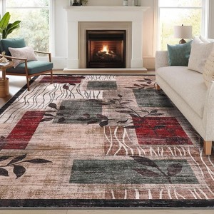 Acekool 5x7 Washable Area Rug, Soft Floral Checkered, Non-Slip, Low-Pile Modern Accent Carpet for Living Room, Bedroom, Dining Room, Blue - 1 of 4