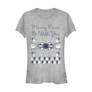 Juniors Womens Star Wars Christmas Force Be With You T-Shirt - 1 of 3