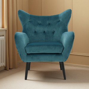 Velvet Mid-Century Modern Wingback Arm Chair with Oak Wood Frame - 1 of 4