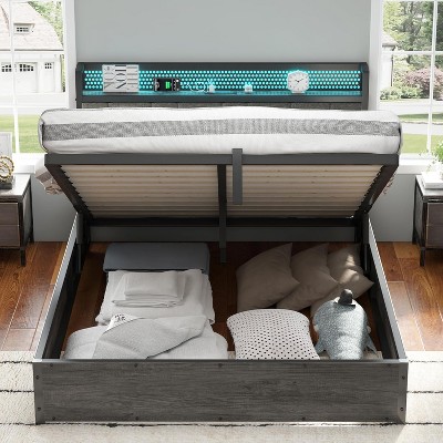 AMERLIFE Lift Up Bed Frame with Linen Upholstered & LED Light & Storage Headboard