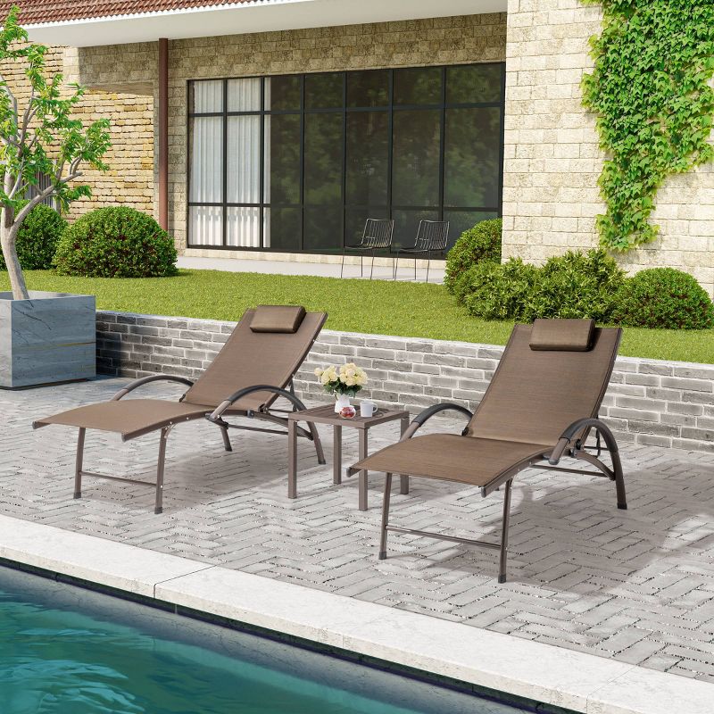 3pc Outdoor Aluminum 5 Position Adjustable Lounge Chairs with Covered Headrests - Brown - Crestlive Products, 3 of 10