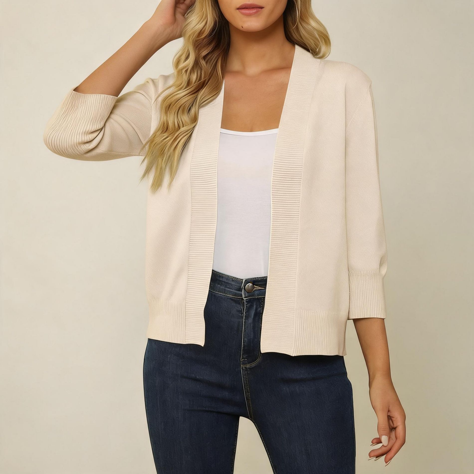 Women's Cropped Open Front Cardigan, 3/4 Sleeve Ribbed Knit Shrug