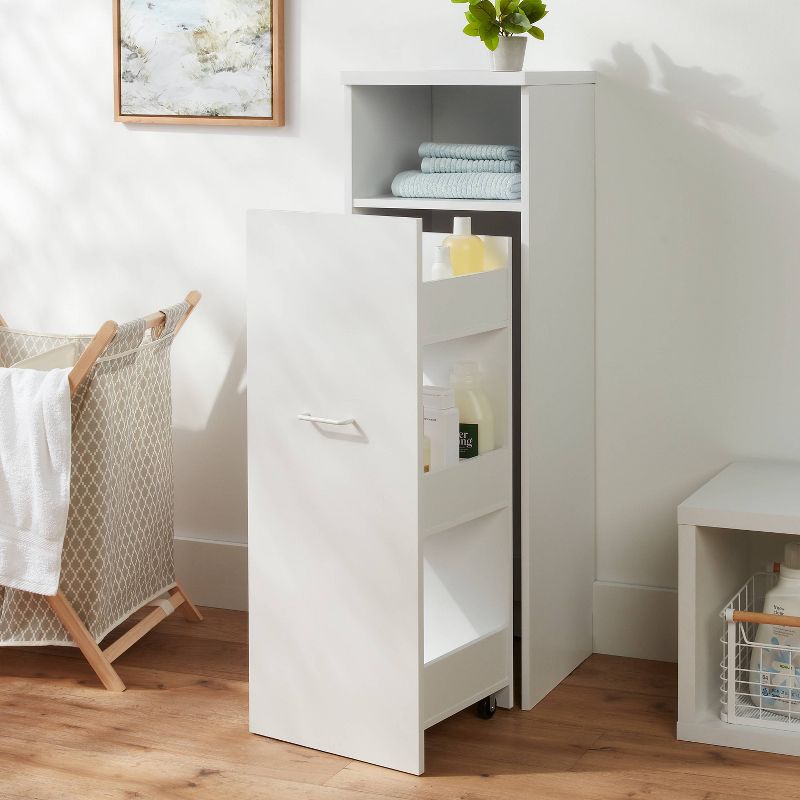 Narrow Storage Cabinet with Pull Out Cart White - Brightroom&#8482;: Laminated Finish, Casters, Fixed Shelves, CARB Certified, 3 of 5