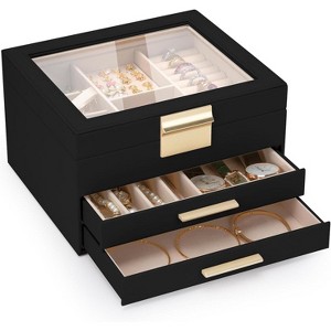 3-Layer Jewelry Box with Glass Lid & Drawers, Multi-Color Organizer for Necklaces, Rings & Earrings - 1 of 4