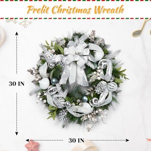 30" Christmas Wreath, Lighted Large Outdoor Christmas Door Wreath with Silver White Balls for Front Door Fireplace Window Holiday Home Decor - 1 of 4