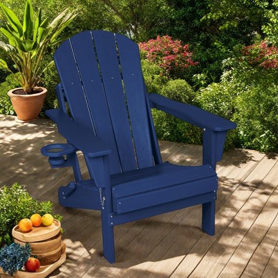 FURNIinspire Patio Accent Chairs Folding Adirondack Chair, Outdoor Adirondack Chair With Cup Holder, Wood Texture Folding Chair, Blue, 32"*29"*36"