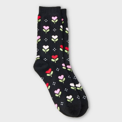 Women's Tulip Hearts Valentine's Day Crew Socks - Black 4-10