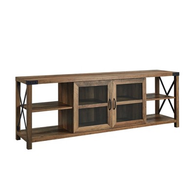 Sophie Rustic Farmhouse X Frame Glass Doors TV Stand for TVs up to 80" Rustic Oak - Saracina Home: Entertainment Center with Cable Management