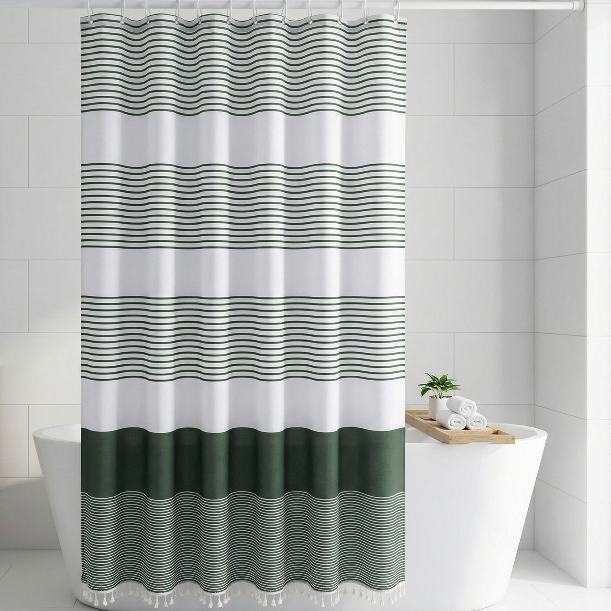 REGALWOVEN Waterproof Durable Polyester Striped Shower Curtain with 12 Plastic Hooks 72 x 72 Inch 1 Pc Green