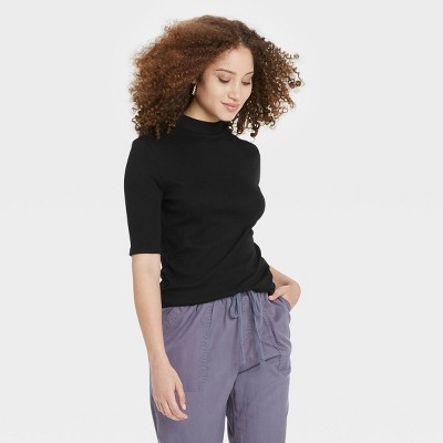 Women's Elbow Sleeve Mock Turtleneck T- Shirt - A New Day™ Black XS