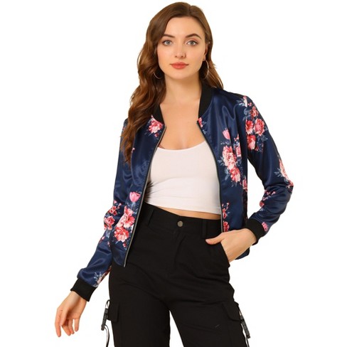 Allegra K Women Stand Collar Zip Up Floral Prints Bomber Jacket Dark Blue XL