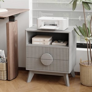 Set of 2 Fluted Wood Nightstands with Charging Station, 2 Drawers & Open Shelf for Bedroom or Living Room - 1 of 4